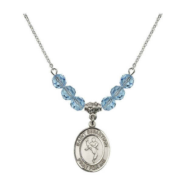 18-Inch Rhodium Plated Necklace with 6mm Jet Birthstone Beads and Sterling Silver Saint Sebastian/Karate Charm. 18-Inch Rhodium Plated Necklace with 6mm Jet Birthstone Beads and Sterling Silver Saint Sebastian/Karate Charm.